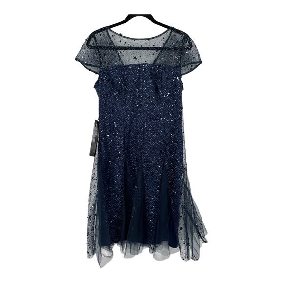 JS Collections dress Alyssa godet cocktail glitter sequins navy blue size 10 - Picture 2 of 8